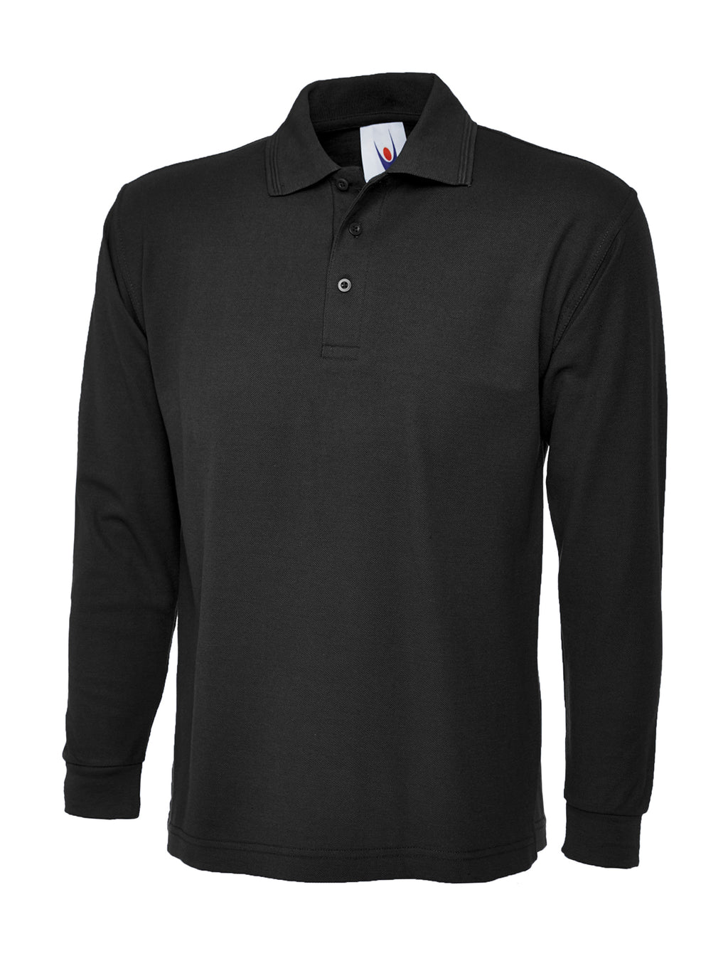 Black long-sleeve polo shirt with a three-button placket, knit collar, and rib-knit cuffs in a classic regular fit.