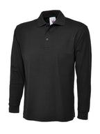 Black long-sleeve polo shirt with a three-button placket, knit collar, and rib-knit cuffs in a classic regular fit.