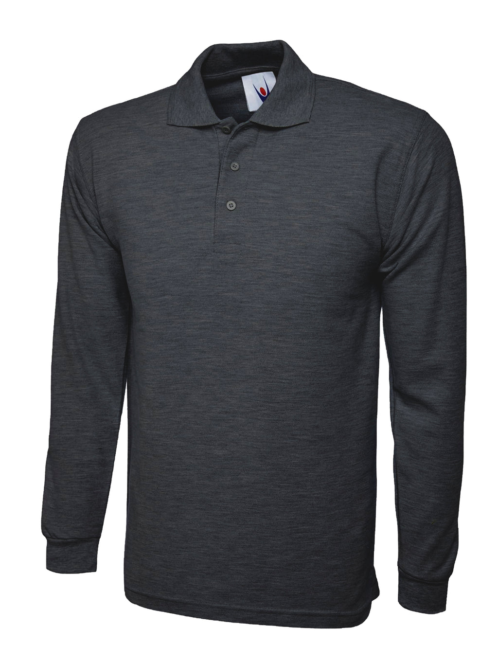 Charcoal grey, long-sleeve polo shirt with a classic collar, three-button placket, and ribbed cuffs. Regular fit.