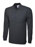 Charcoal grey, long-sleeve polo shirt with a classic collar, three-button placket, and ribbed cuffs. Regular fit.