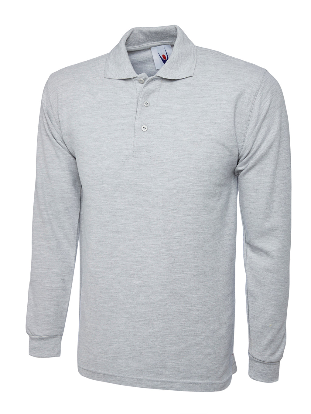 Light grey long-sleeve polo shirt with a classic collar, three-button placket, and ribbed cuffs. Regular fit.