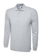 Light grey long-sleeve polo shirt with a classic collar, three-button placket, and ribbed cuffs. Regular fit.