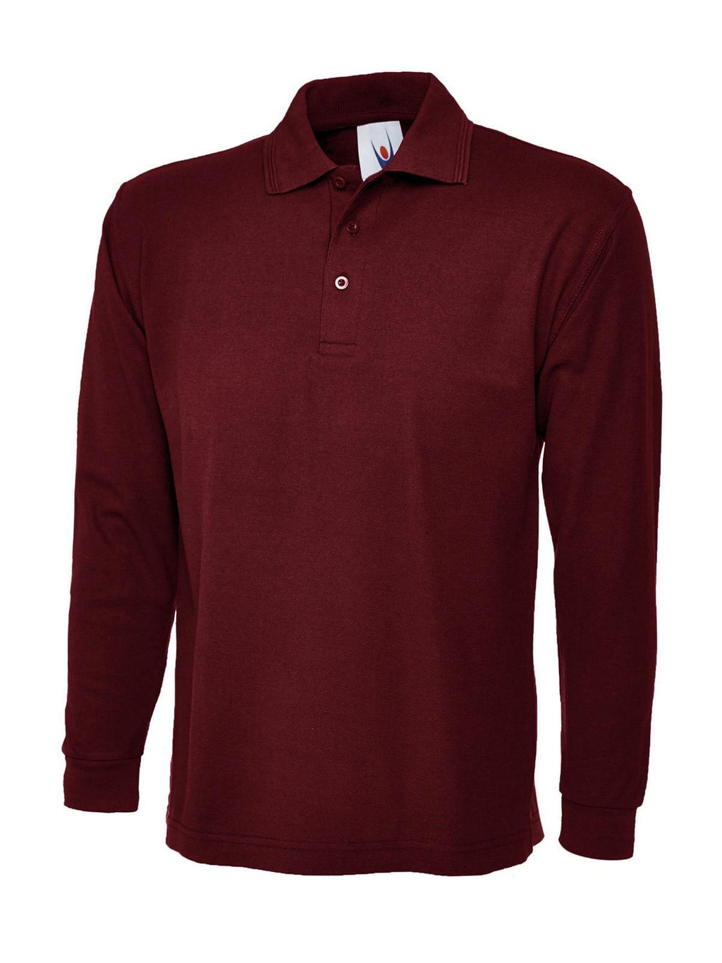 Burgundy long-sleeve polo shirt with a classic collar, button placket, and ribbed cuffs. Regular fit.