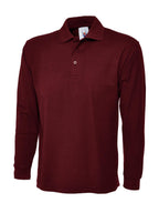 Burgundy long-sleeve polo shirt with a classic collar, button placket, and ribbed cuffs. Regular fit.
