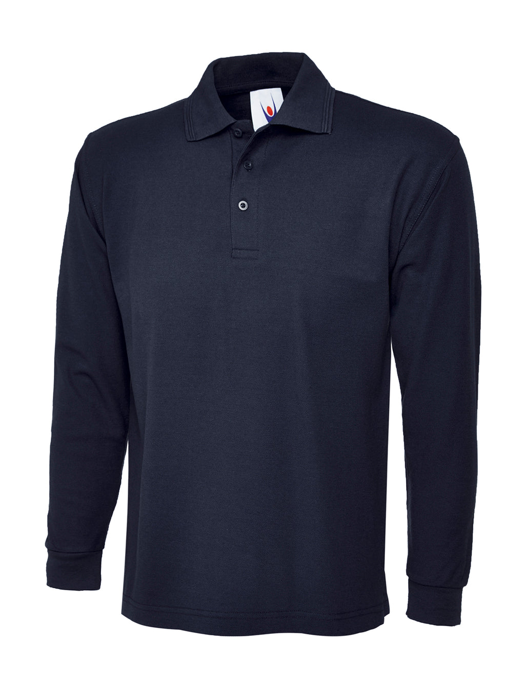 Navy blue long-sleeve polo shirt with a button placket, ribbed collar, and cuffs in a relaxed, classic fit.