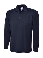 Navy blue long-sleeve polo shirt with a button placket, ribbed collar, and cuffs in a relaxed, classic fit.