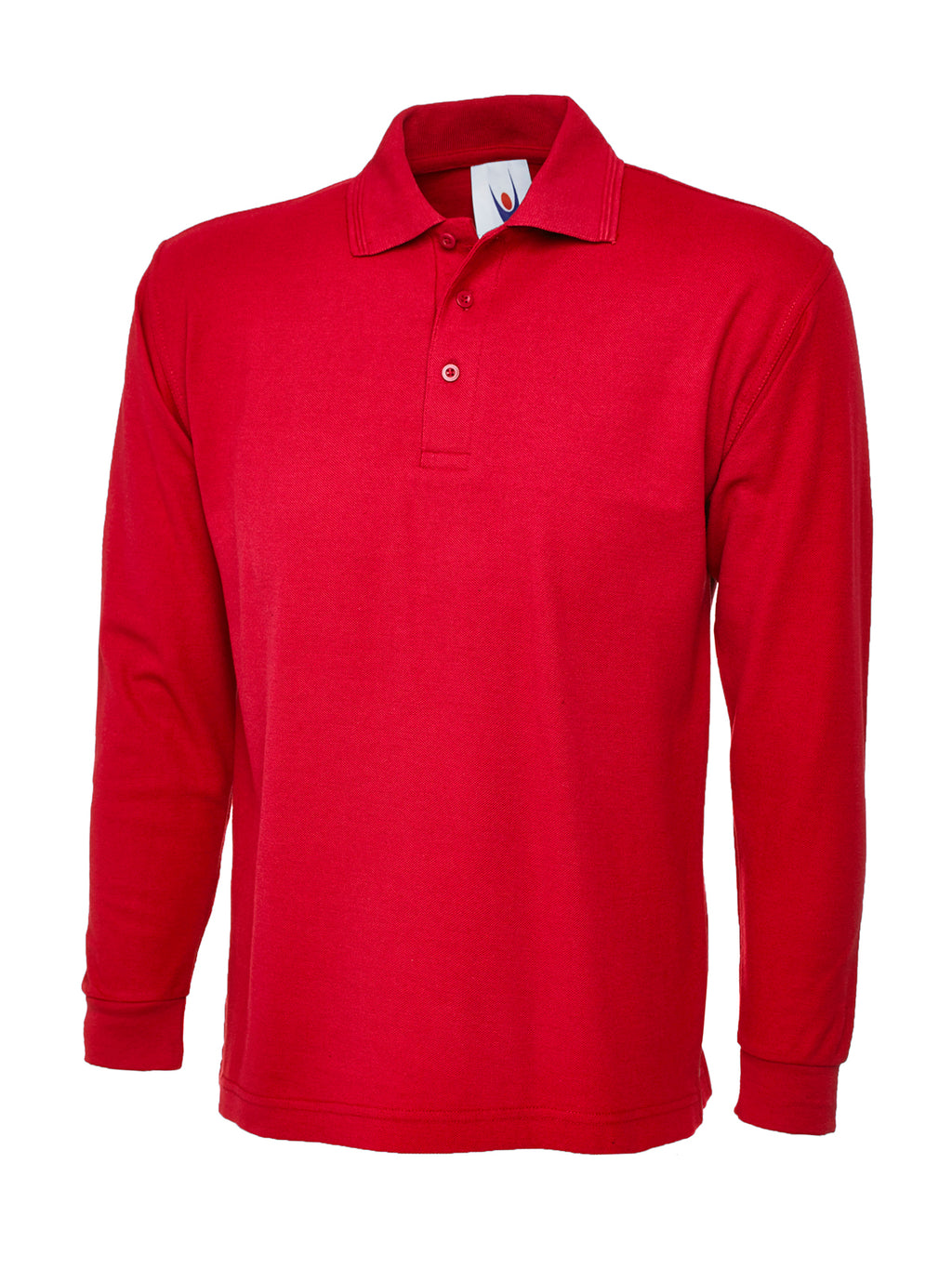 Red long-sleeve polo shirt with a standard collar, three-button placket, and ribbed cuffs. Regular fit.