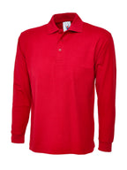 Red long-sleeve polo shirt with a standard collar, three-button placket, and ribbed cuffs. Regular fit.