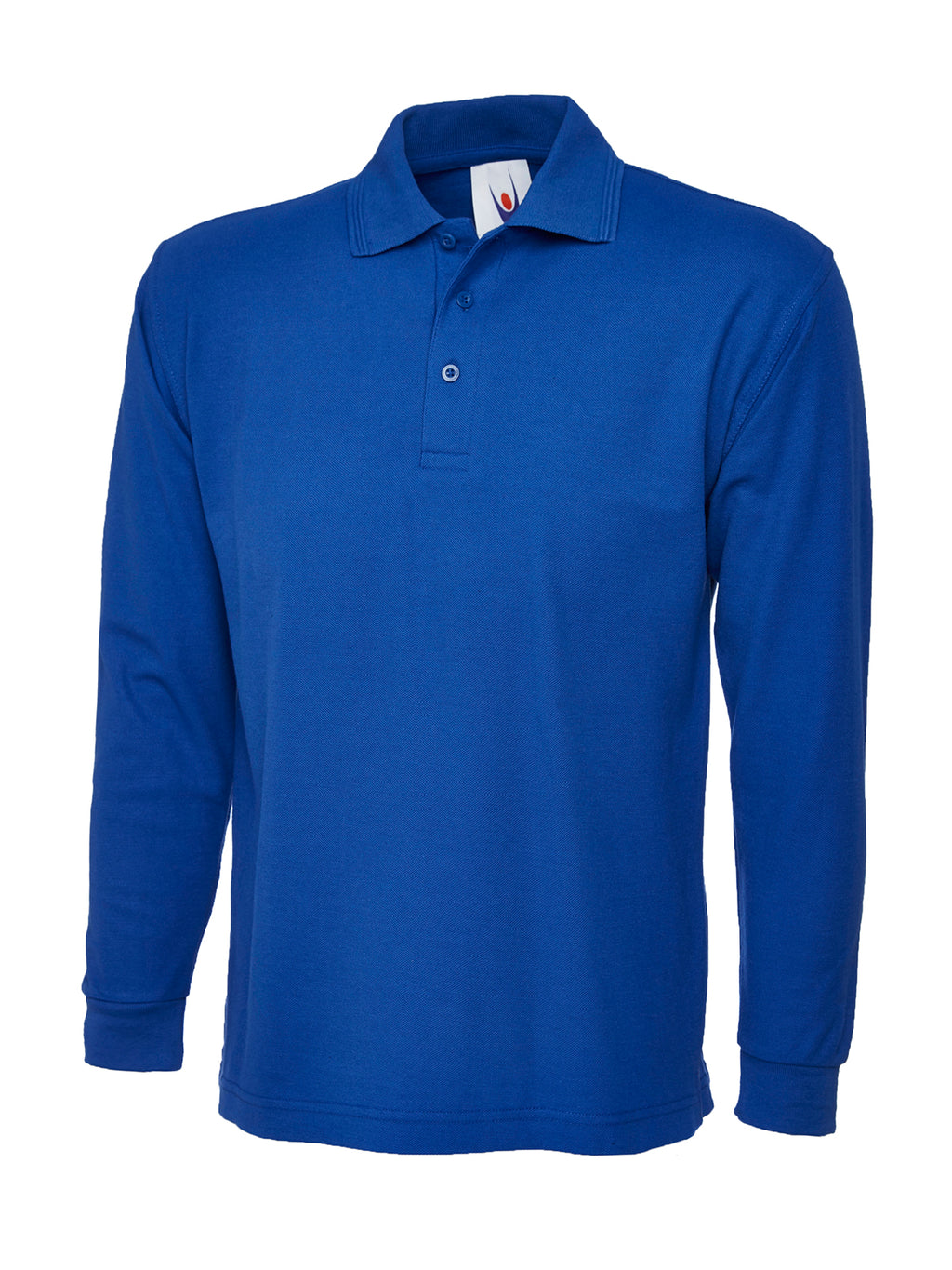 Royal blue long-sleeve polo shirt with a classic collar, button placket, and ribbed cuffs. Regular fit.