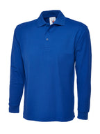 Royal blue long-sleeve polo shirt with a classic collar, button placket, and ribbed cuffs. Regular fit.