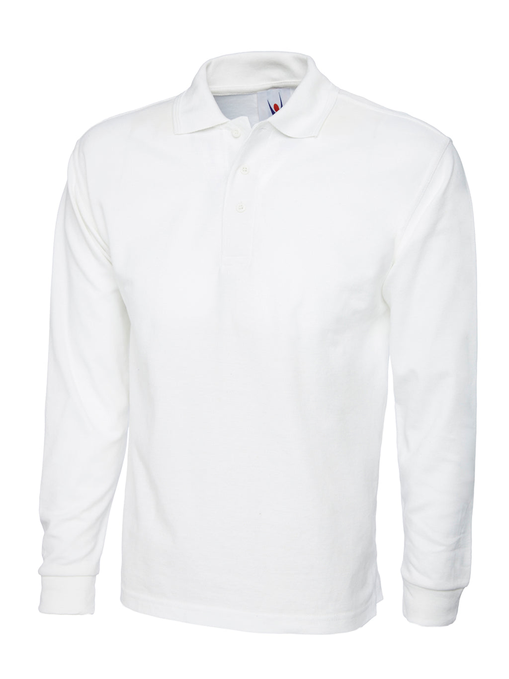 White long-sleeve polo shirt with a three-button placket, knit collar, and relaxed fit.