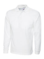 White long-sleeve polo shirt with a three-button placket, knit collar, and relaxed fit.