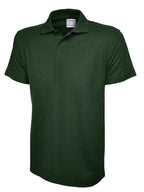 Dark green short-sleeve polo shirt with a collared neckline, three-button placket, and a classic regular fit.