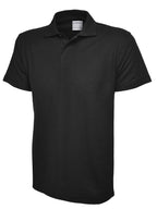 Black short-sleeved polo shirt, regular fit, featuring a collar and two-button placket.