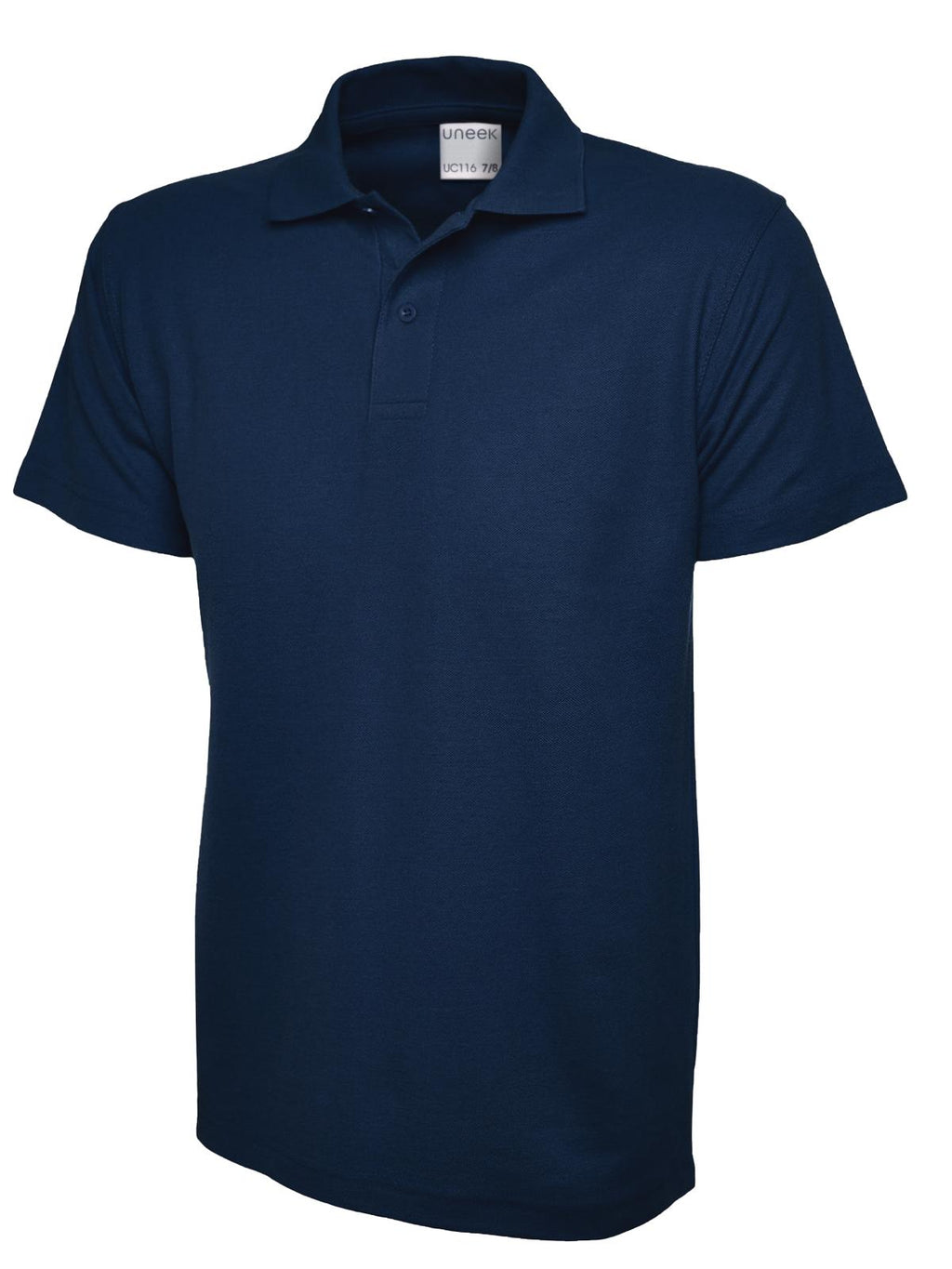Navy blue short-sleeve polo shirt with a classic collar, button placket, and a regular, straight fit.