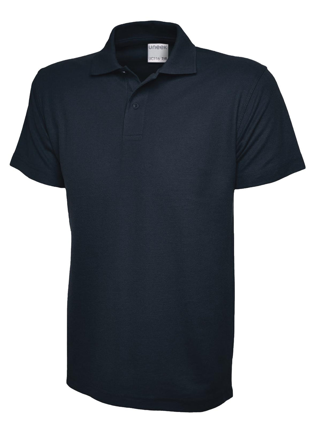 Navy blue short-sleeve polo shirt with a classic collar, three-button placket, and a regular fit.