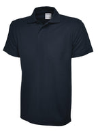 Navy blue short-sleeve polo shirt with a classic collar, three-button placket, and a regular fit.