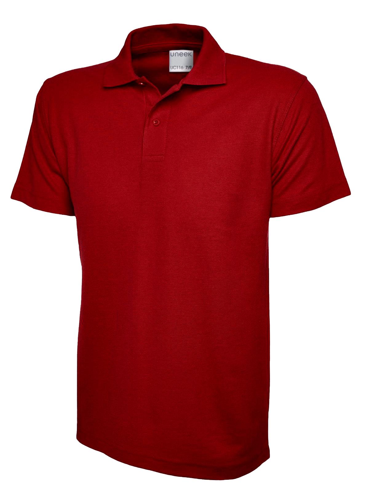 Red classic-fit polo shirt with a flat collar, short sleeves, and a two-button placket.