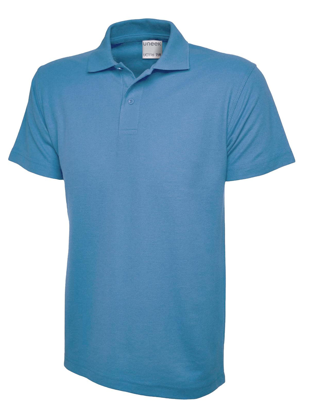 Light blue short-sleeved polo shirt with a classic collar, three-button placket, and regular fit.