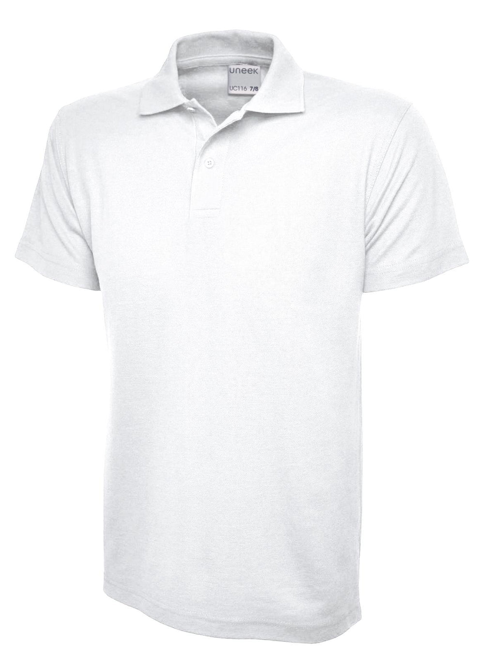 White short-sleeve polo shirt with a flat knit collar and a three-button placket in a classic, relaxed fit.