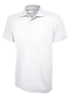 White short-sleeve polo shirt with a flat knit collar and a three-button placket in a classic, relaxed fit.