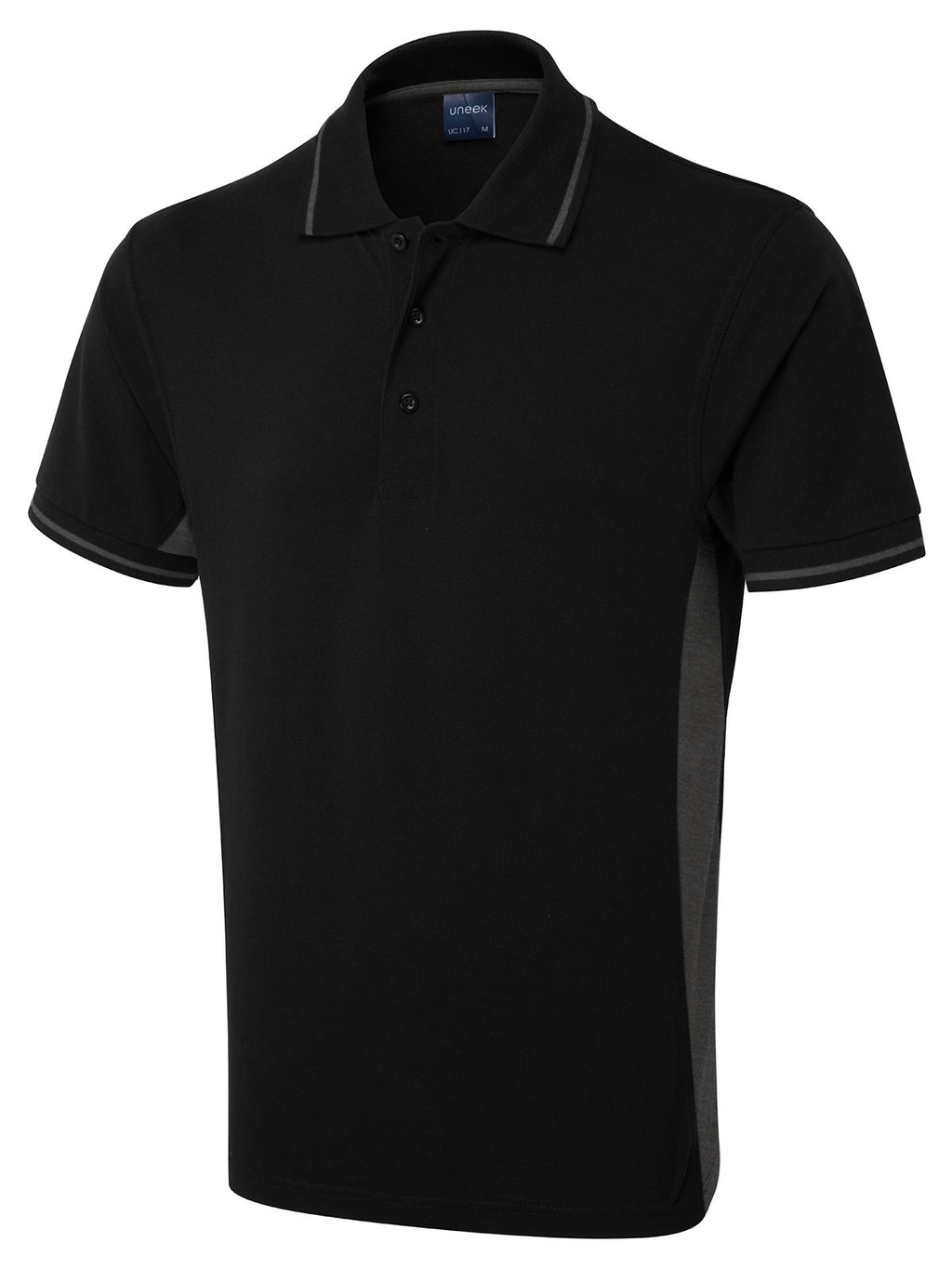 Black short-sleeve polo shirt, regular fit, with grey side panels and tipped collar and cuffs, three-button placket.