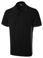 Black short-sleeve polo shirt, regular fit, with grey side panels and tipped collar and cuffs, three-button placket.