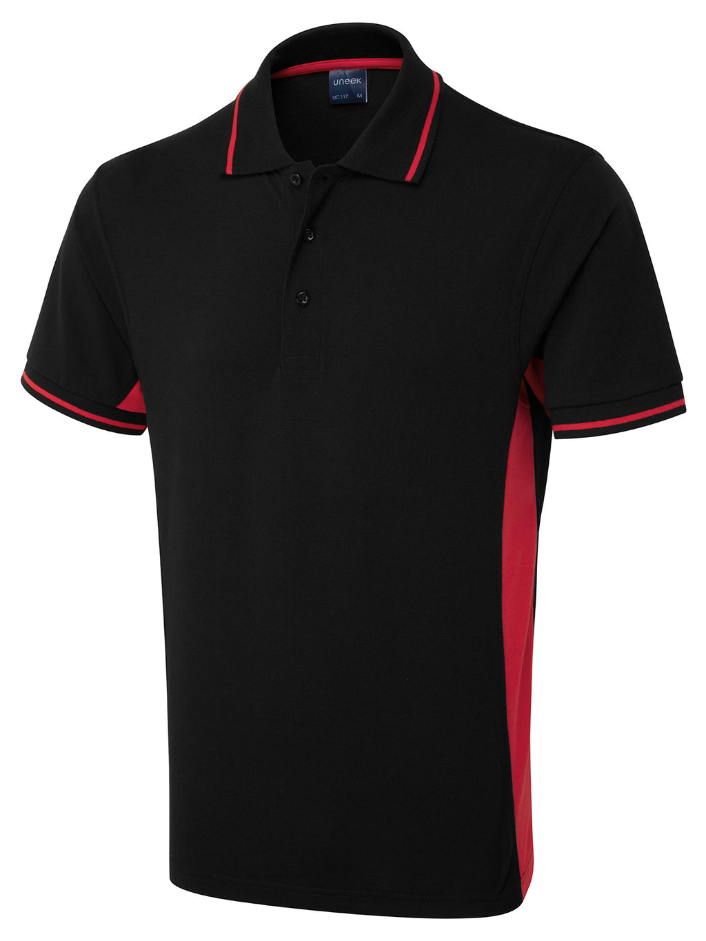 Black polo shirt with red side panels, red-tipped collar and sleeves, three-button placket, regular fit.