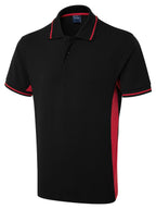 Black polo shirt with red side panels, red-tipped collar and sleeves, three-button placket, regular fit.