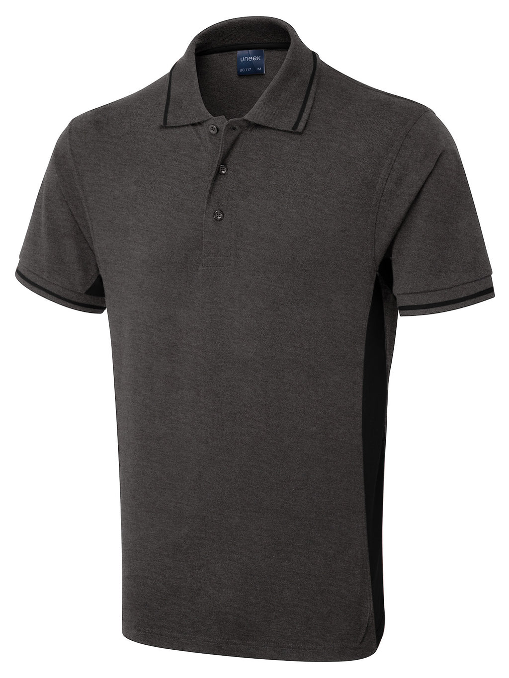 Charcoal grey polo shirt with black side panels, three-button placket, and tipped collar and sleeves. Regular fit.