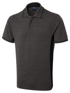 Charcoal grey polo shirt with black side panels, three-button placket, and tipped collar and sleeves. Regular fit.