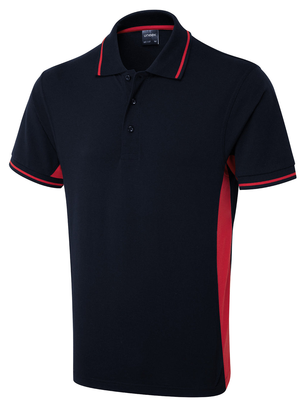 Navy blue short-sleeve polo shirt with red side panels, red collar trim, and three-button placket. Regular fit.