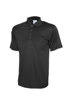 Black short-sleeve polo shirt with a collar, three-button placket, and a classic regular fit.