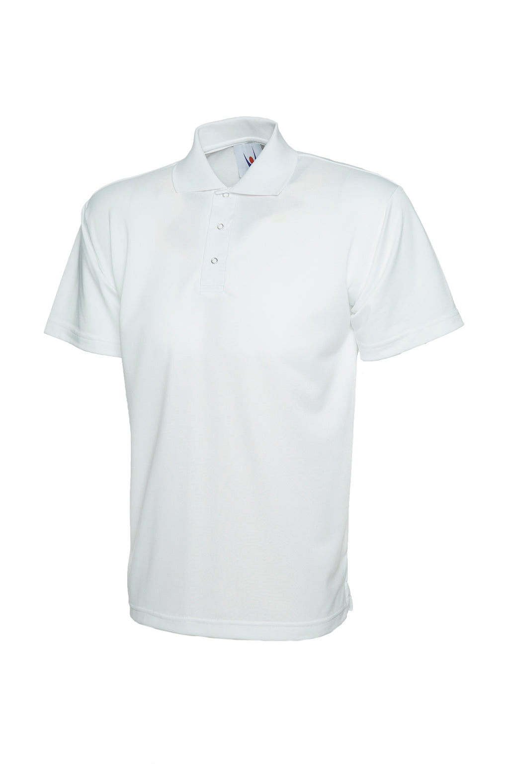 White short-sleeve polo shirt with a flat collar, three-button placket, and a standard, relaxed fit.