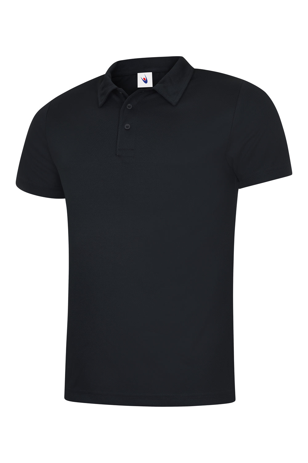 Black short-sleeve polo shirt with a three-button placket, flat-knit collar, and a regular, straight fit.