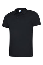 Black short-sleeve polo shirt with a three-button placket, flat-knit collar, and a regular, straight fit.