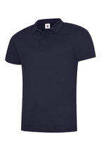 Navy blue short-sleeve polo shirt with a classic collar, three-button placket, and a standard, relaxed fit.
