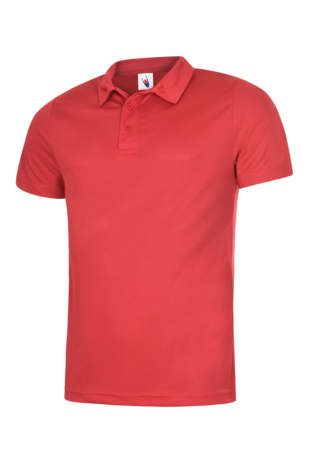 Red textured short-sleeve polo shirt with a two-button placket and classic collar, regular fit.