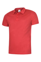 Red textured short-sleeve polo shirt with a two-button placket and classic collar, regular fit.