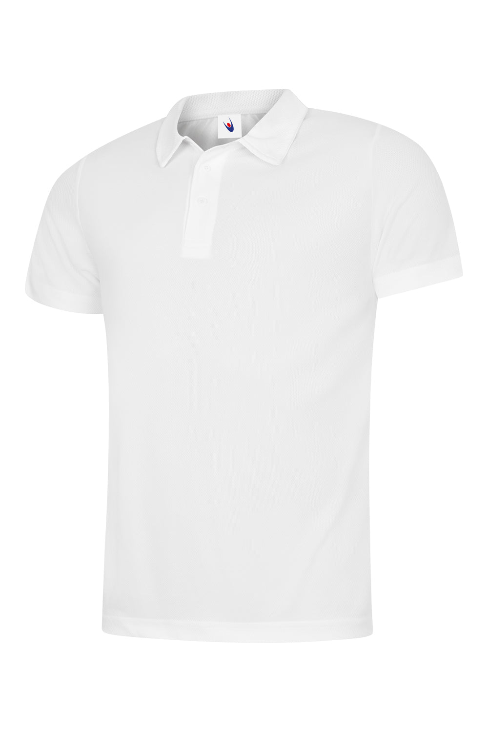 White short-sleeve polo shirt in textured performance fabric with a standard collar and three-button placket.
