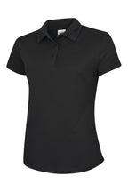 Women's black short-sleeve polo shirt in a textured performance fabric with a tailored, feminine fit and two-button placket.