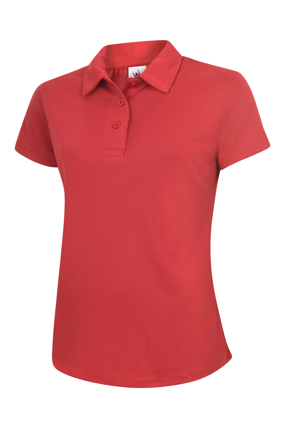 Women’s short-sleeve red polo shirt in textured performance fabric with a three-button placket and fitted silhouette.