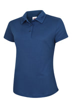 Women's navy blue short-sleeve polo shirt in textured performance fabric with a three-button placket and slim fit.