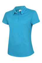 Women's bright blue textured polo shirt, short sleeves, collared neckline with three-button placket, relaxed fit.
