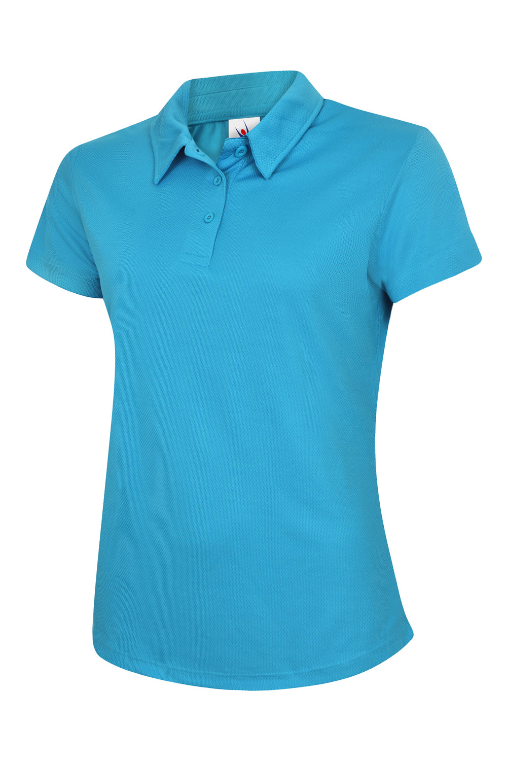 Women's bright blue textured polo shirt, short sleeves, collared neckline with three-button placket, relaxed fit.