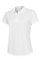 White short-sleeve polo shirt for women. Features a textured performance fabric, collared neck, and three-button placket.