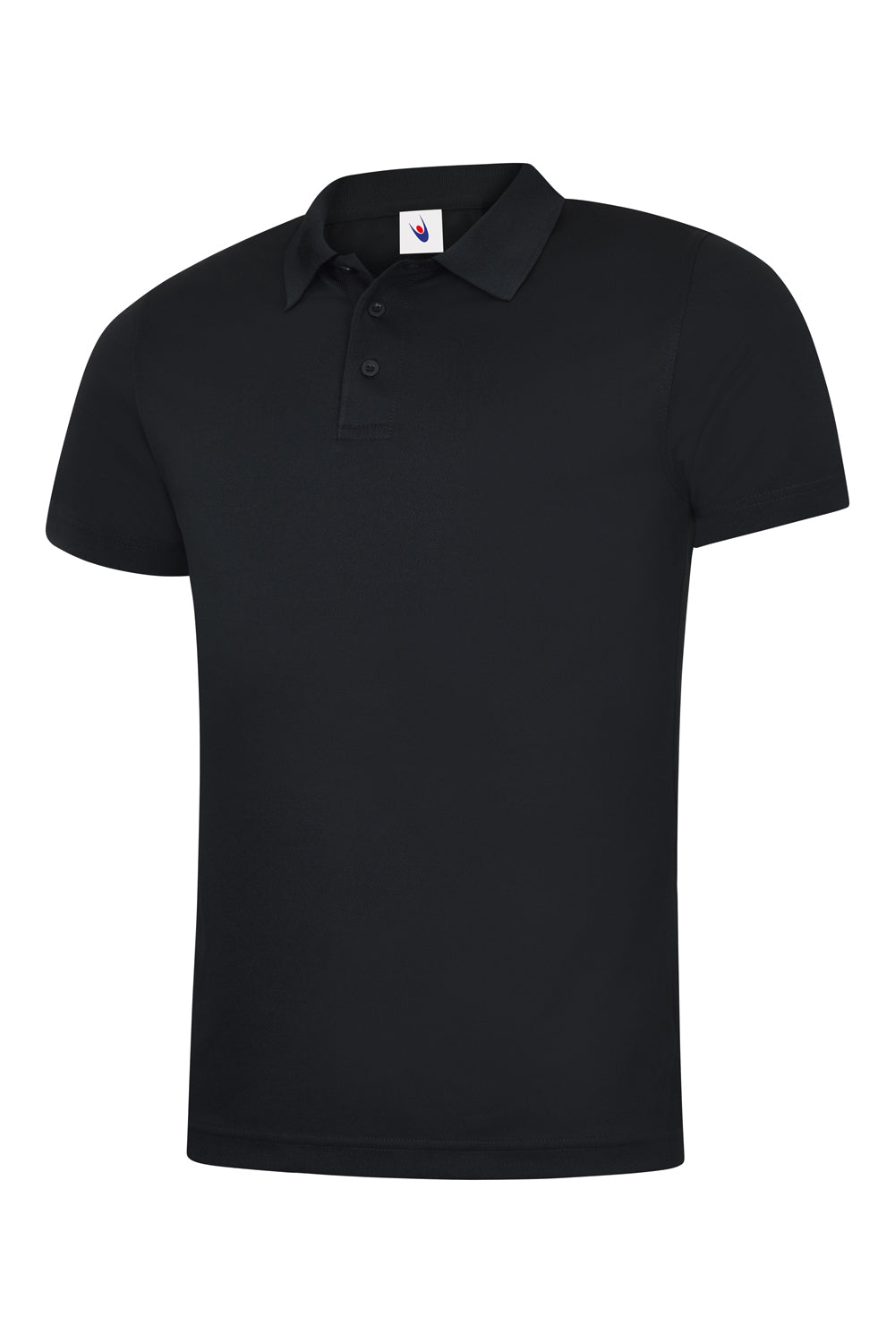 Black short-sleeve polo shirt with a flat knit collar, three-button placket, and a straight-fit silhouette.