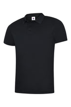 Black short-sleeve polo shirt with a flat knit collar, three-button placket, and a straight-fit silhouette.