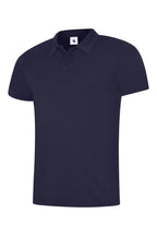 Navy blue short-sleeve polo shirt with a classic collar and three-button placket in a standard, relaxed fit.