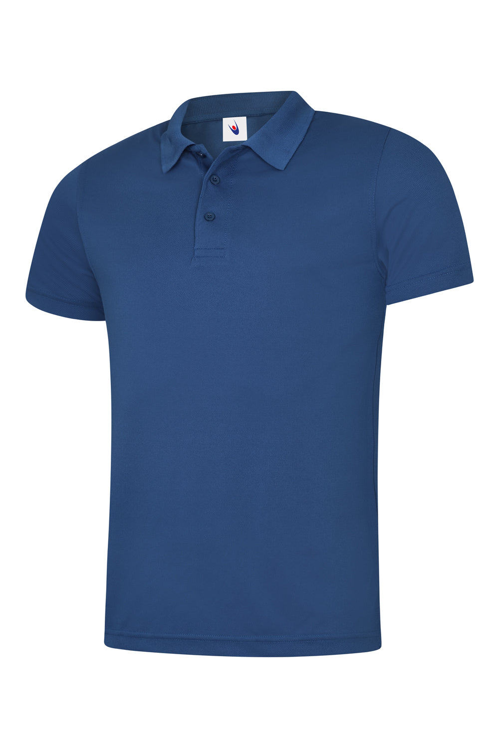 Men's navy blue short-sleeve polo shirt with a classic collar, three-button placket, and regular fit.